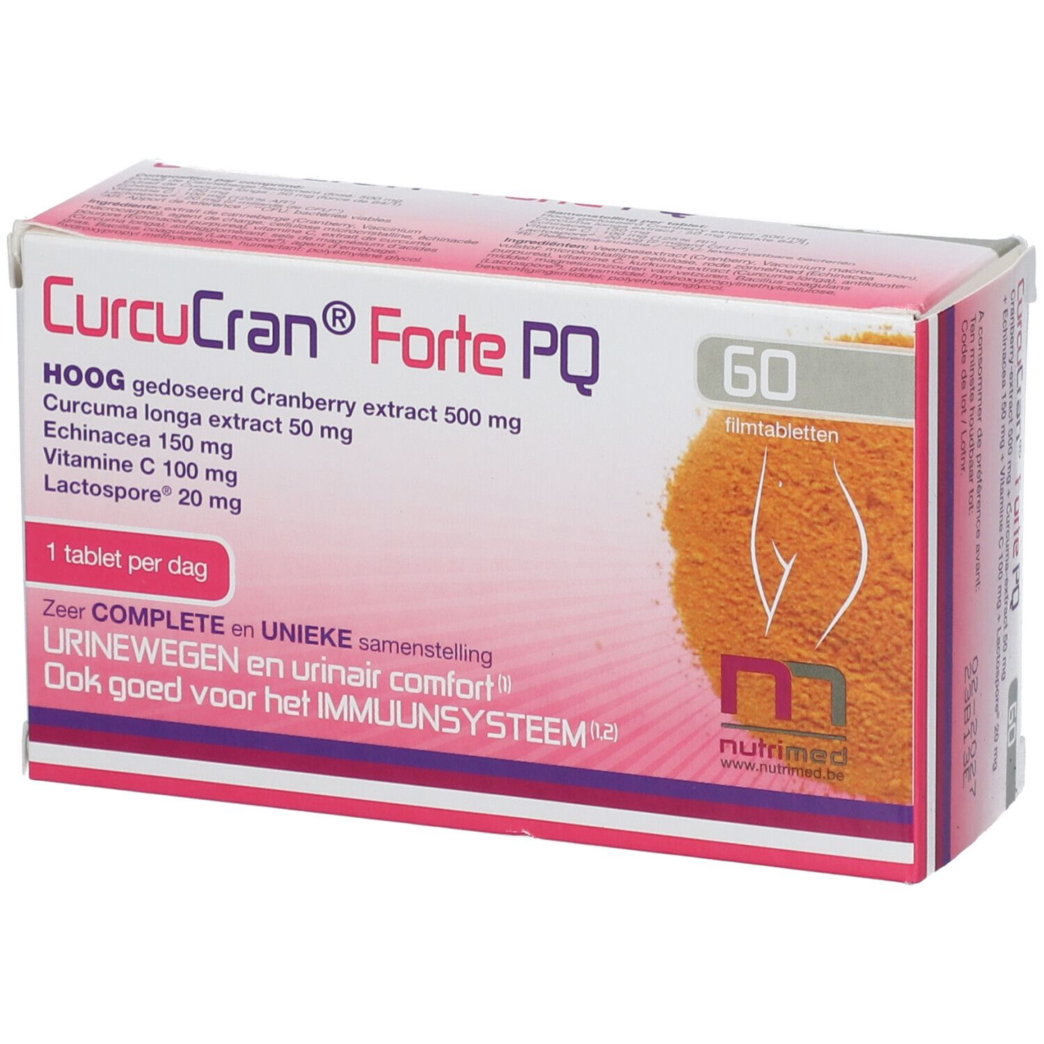 Verpakking van CurcuCran® Forte PQ met 60 filmtabletten. Bevat: Cranberry-extract, Curcuma longa, Echinacea, Vitamine C, Lactospore. 1 tablet per dag.