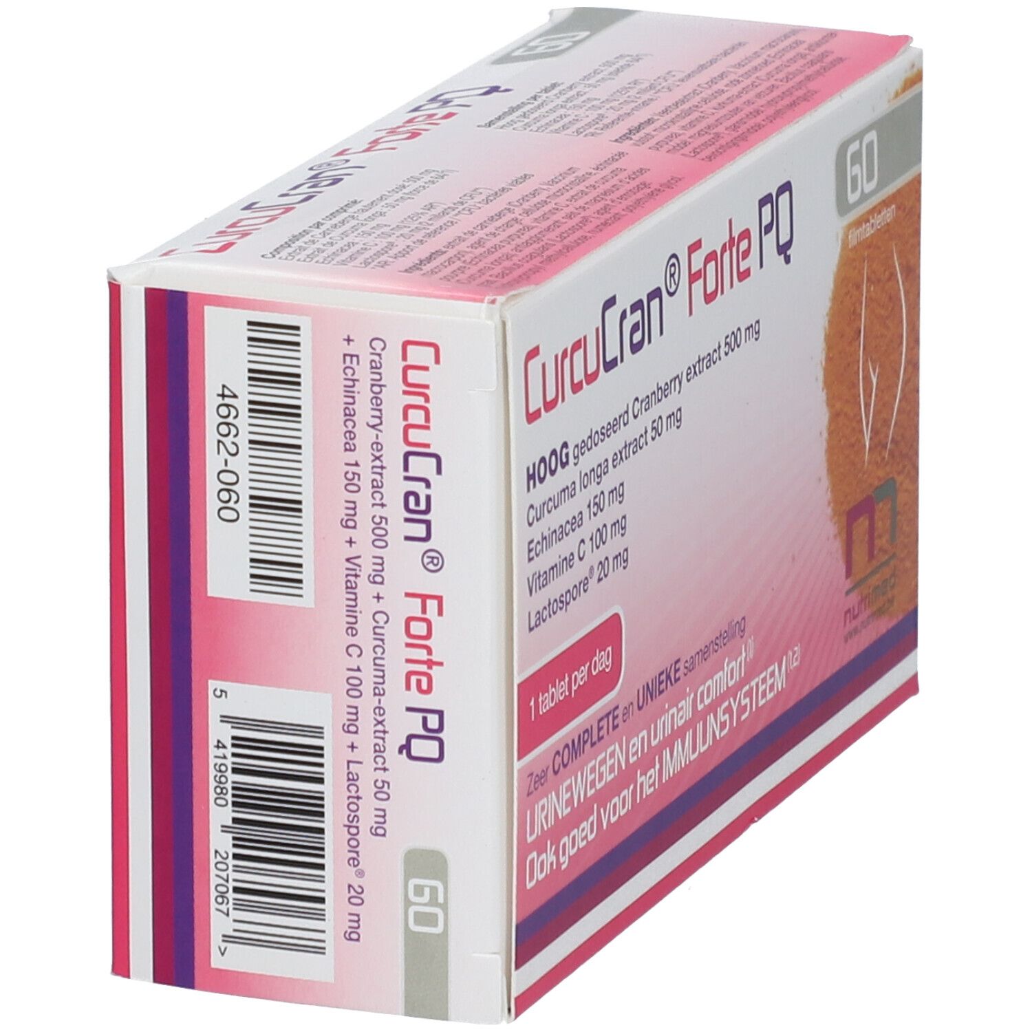 Schuine weergave van de CurcuCran® Forte PQ verpakking. Bevat 60 tabletten. Bevat: Cranberry-extract, Curcuma longa, Echinacea, Vitamine C, Lactospore. 1 tablet per dag.