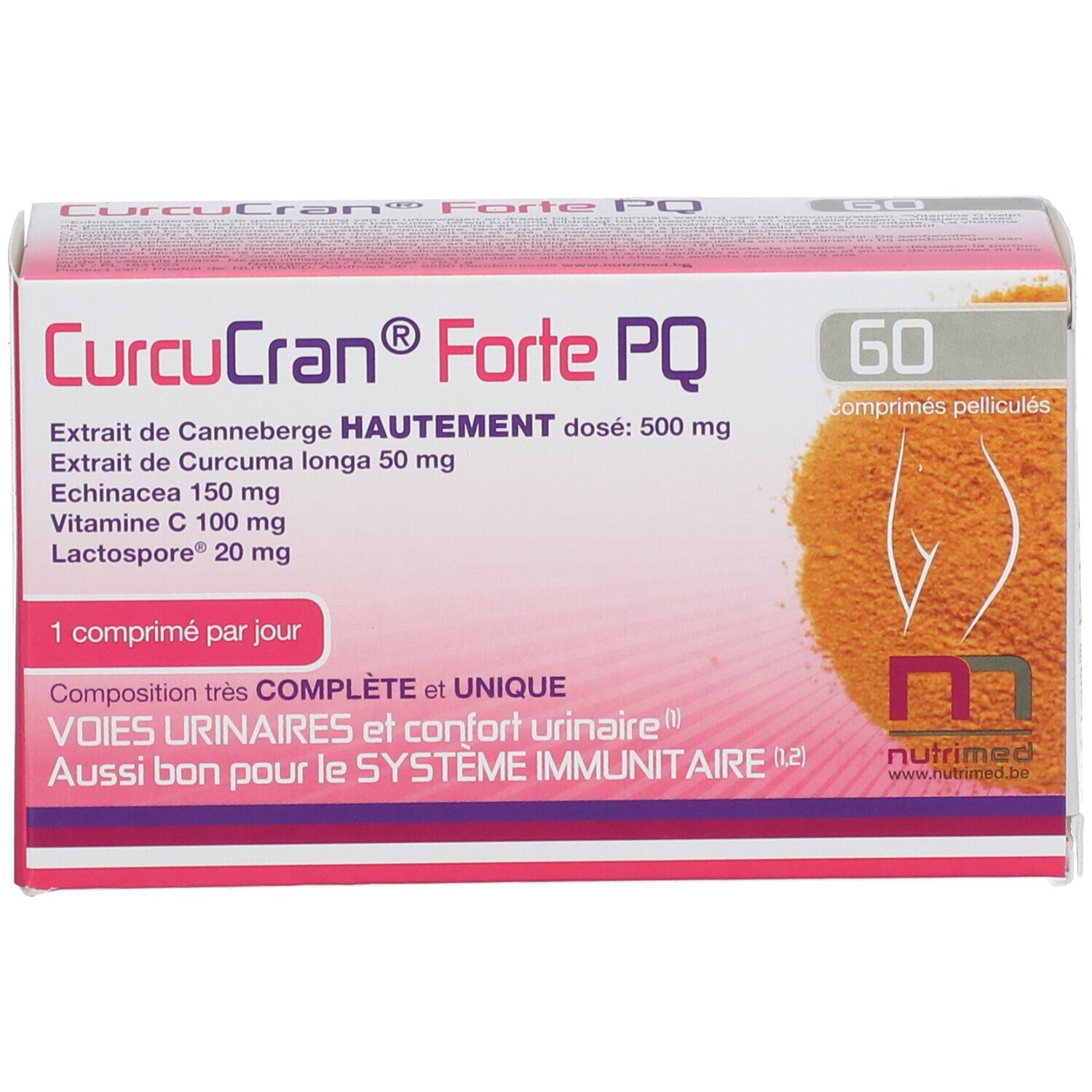Verpakking van CurcuCran® Forte PQ met 60 tabletten. Bevat: Extrait de Canneberge, Curcuma longa, Echinacea, Vitamine C, Lactospore. 1 comprimé par jour.