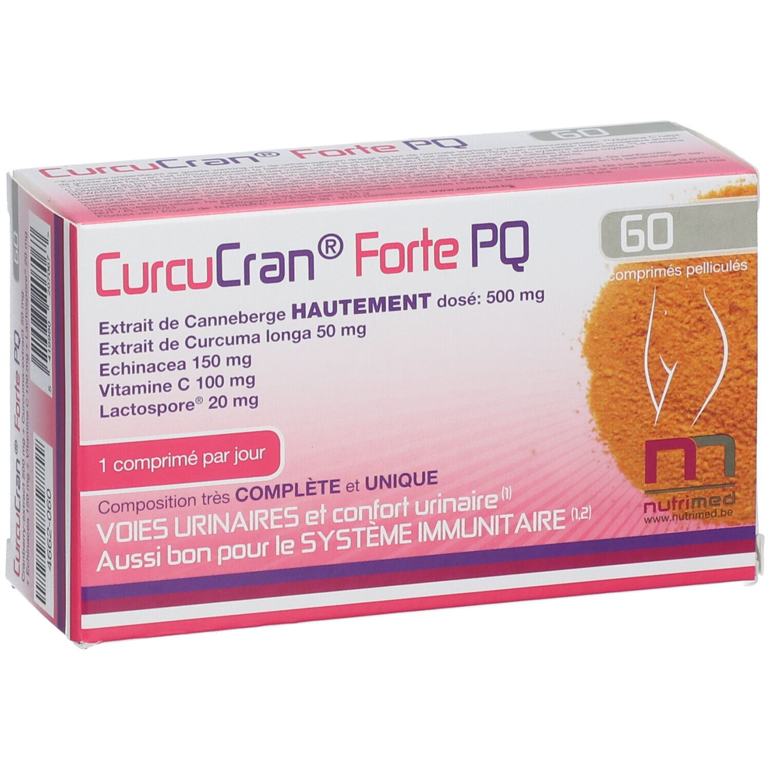 Verpakking van CurcuCran® Forte PQ met 60 tabletten. Bevat: Extrait de Canneberge, Curcuma longa, Echinacea, Vitamine C, Lactospore. 1 comprimé par jour.