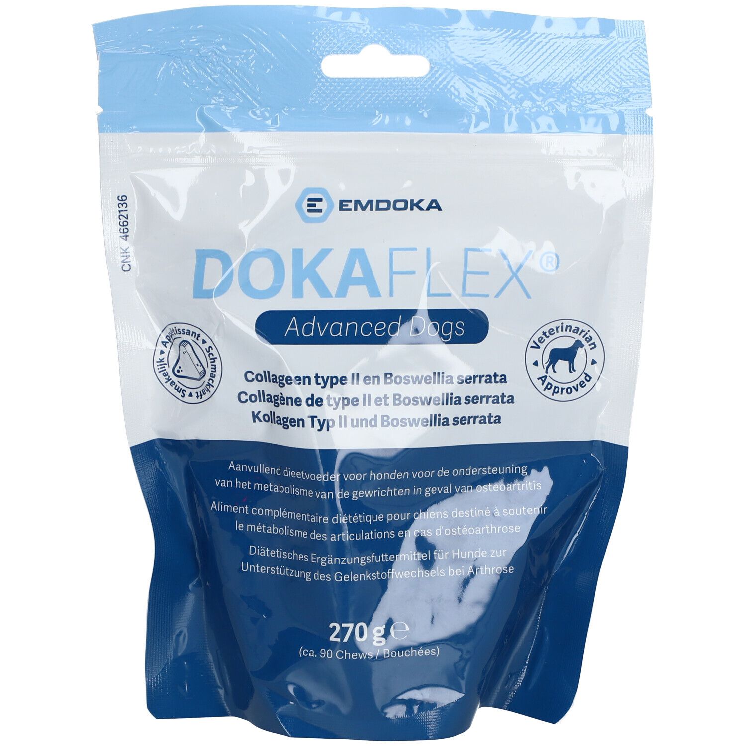 Sachet de Dokaflex Advanced Dogs. Emballage bleu et blanc avec nom et logo du produit. 270g.
