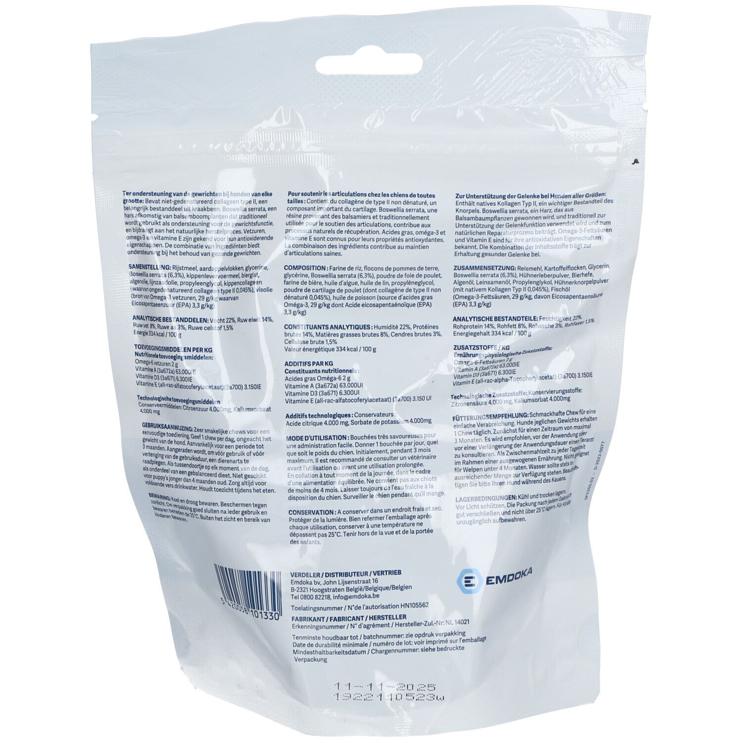 Dos du sachet Dokaflex Advanced Dogs. Texte multilingue, ingrédients et informations nutritionnelles.