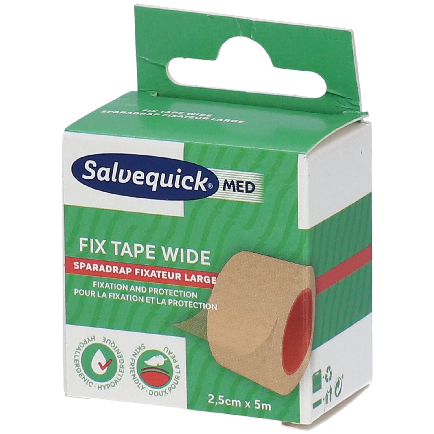 Ruban adhésif large Salvequick Med. Rouleau beige dans emballage vert. 2,5 cm x 5 m. Hypoallergénique.