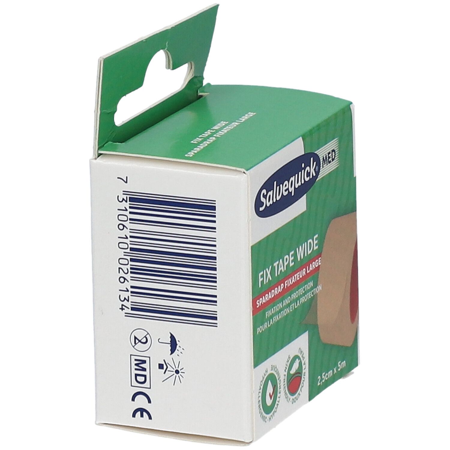 Salvequick Med Fix Tape Wide. Emballage avec code-barres, marquage MD et CE. Rouleau beige visible.