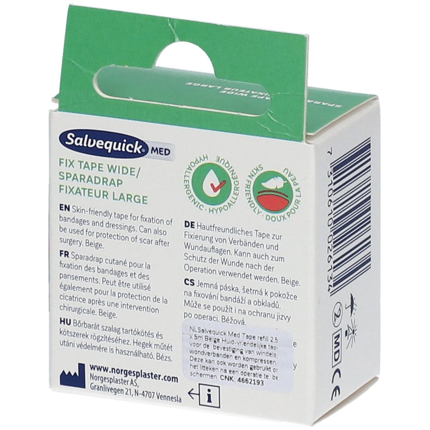 Emballage Salvequick Med Fix Tape Wide. Texte en anglais, allemand, français, tchèque et hongrois. Rouleau beige.