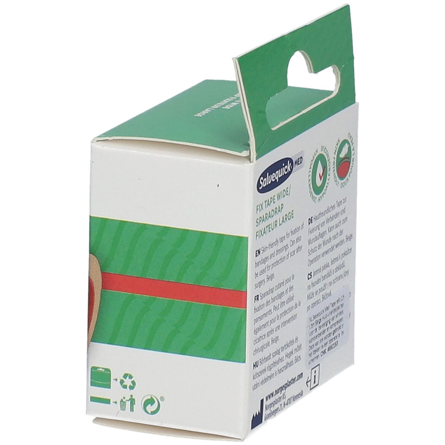 Emballage Salvequick Med Fix Tape Wide. Symboles de recyclage. Rouleau beige visible.
