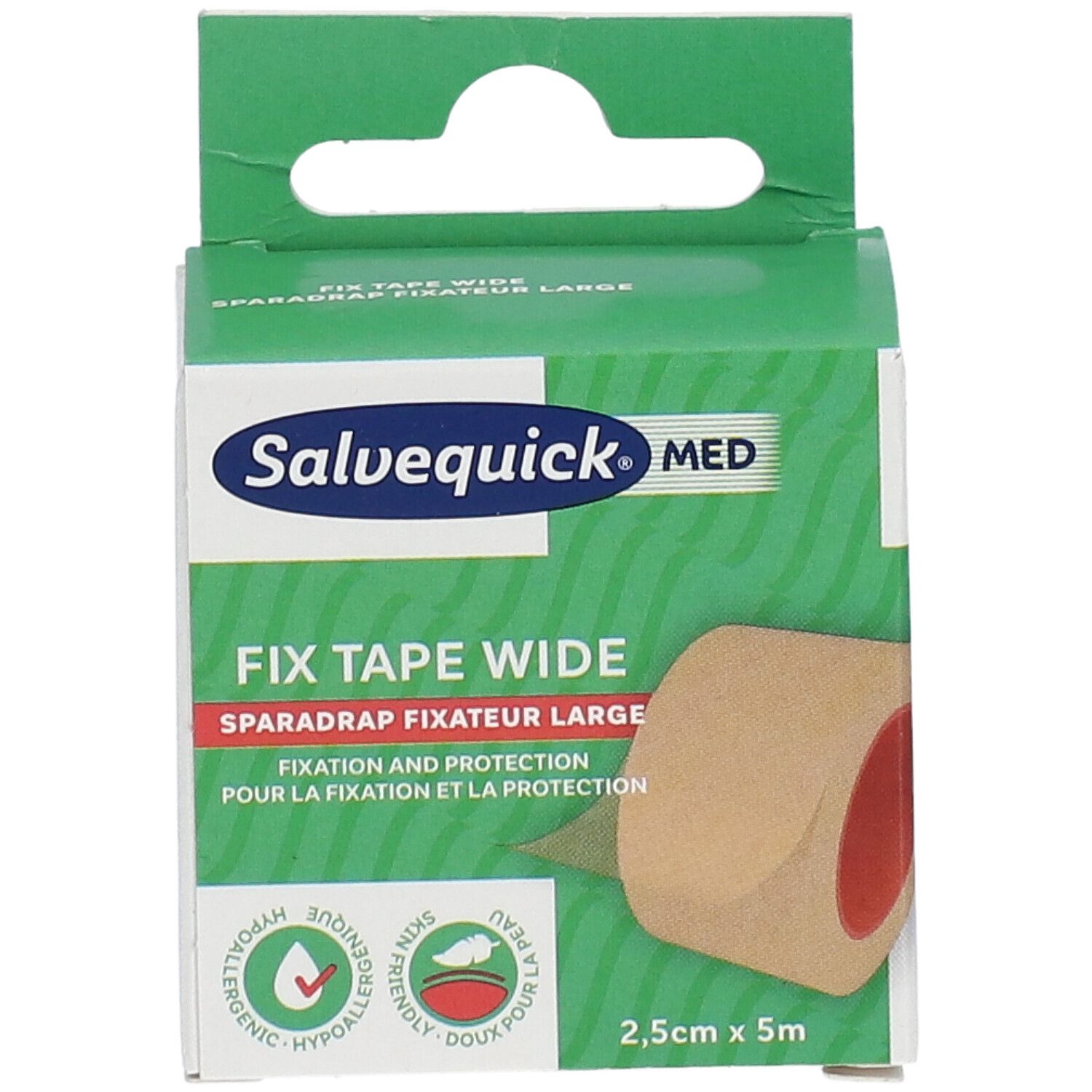 Ruban adhésif large Salvequick Med. Rouleau beige dans emballage vert. 2,5 cm x 5 m. Hypoallergénique.