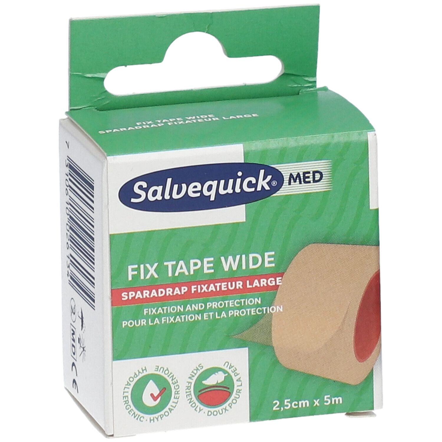 Ruban adhésif large Salvequick Med. Rouleau beige dans emballage vert. 2,5 cm x 5 m. Hypoallergénique.