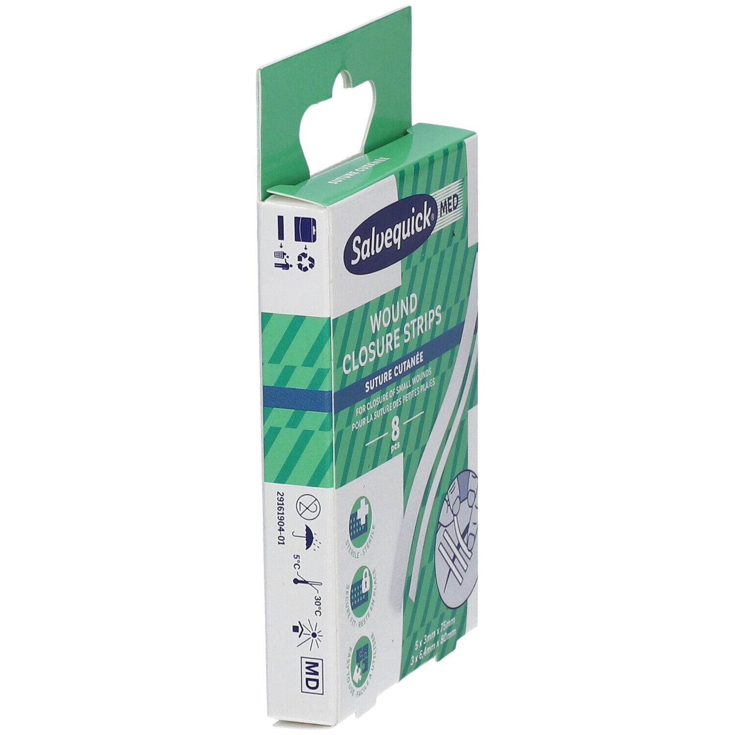 Zijaanzicht van de Salvequick MED wondsluitstrips verpakking. Bevat 8 strips. Opschriften: steriel, gemakkelijk te gebruiken, veilig.
