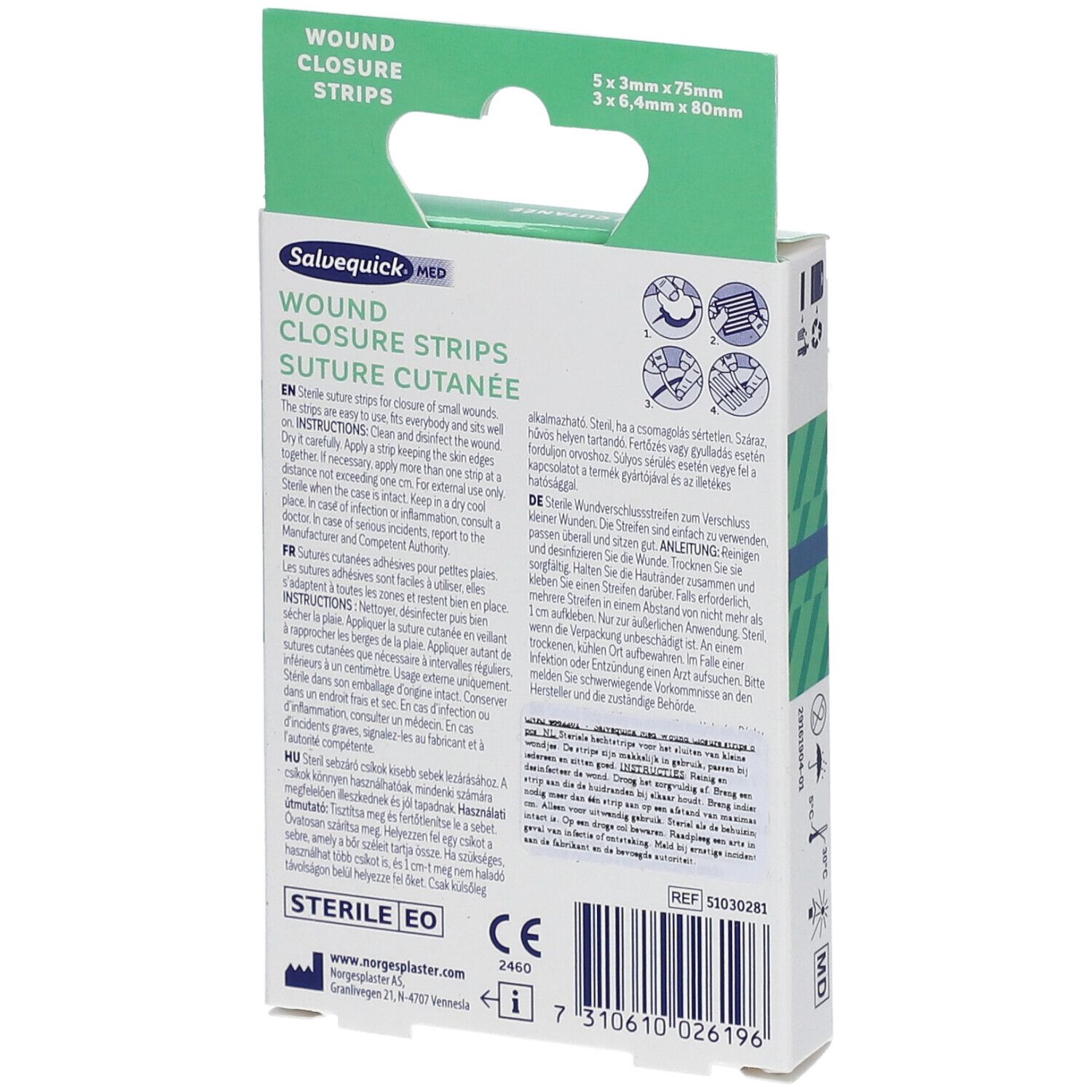 Achterkant van de Salvequick MED wondsluitstrips verpakking. Bevat instructies, CE-markering, barcode en steriliteitsinformatie.
