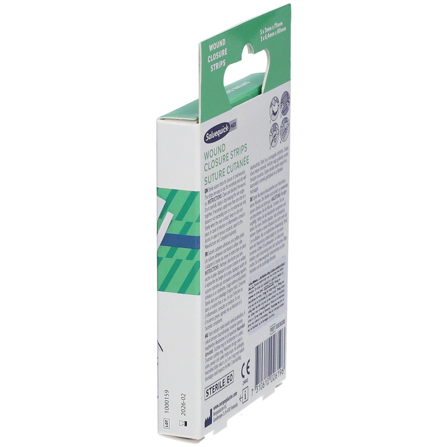 Zijaanzicht van de Salvequick MED wondsluitstrips verpakking. Bevat instructies, CE-markering, barcode en steriliteitsinformatie.