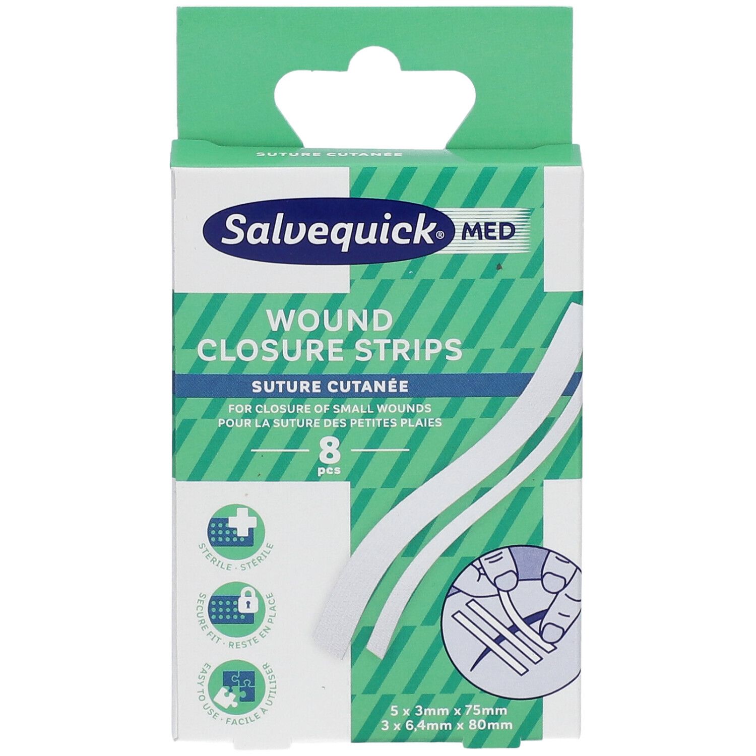 Salvequick MED wondsluitstrips verpakking. Bevat 8 strips. Opschriften: steriel, gemakkelijk te gebruiken, veilig.
