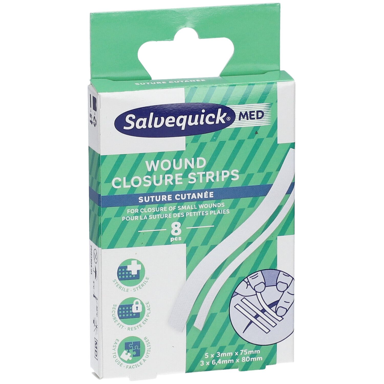 Salvequick MED wondsluitstrips verpakking. Bevat 8 strips. Opschriften: steriel, gemakkelijk te gebruiken, veilig.