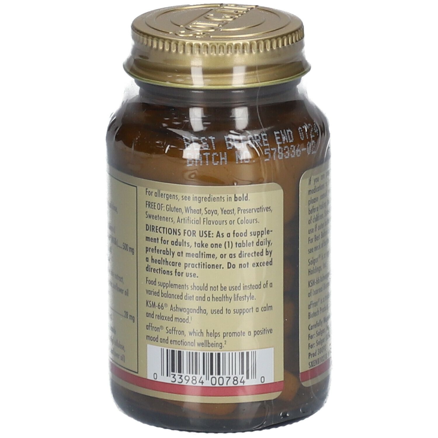 Dos d'un flacon en verre brun avec bouchon doré. Texte: ingrédients, mode d'emploi, informations allergènes.
