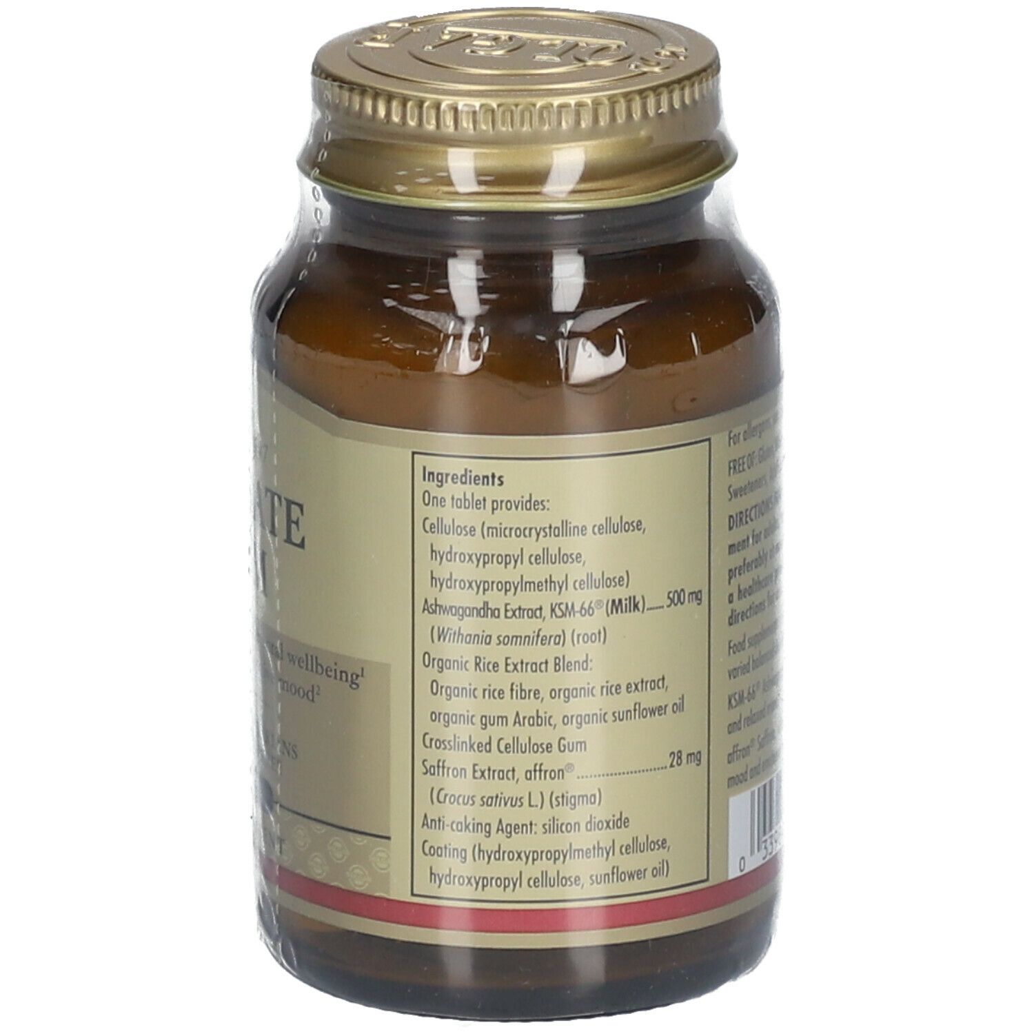 Dos d'un flacon en verre brun avec bouchon doré. Texte: ingrédients, informations nutritionnelles, informations fabricant.