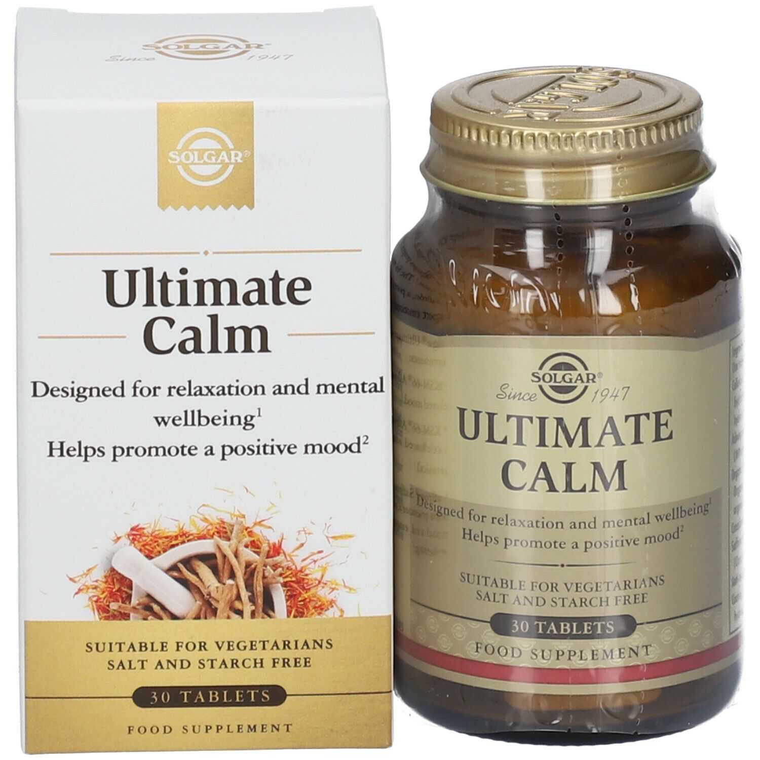 Emballage du produit: flacon et boîte. Inscription: SOLGAR, ULTIMATE CALM, 30 comprimés. Convient aux végétariens.