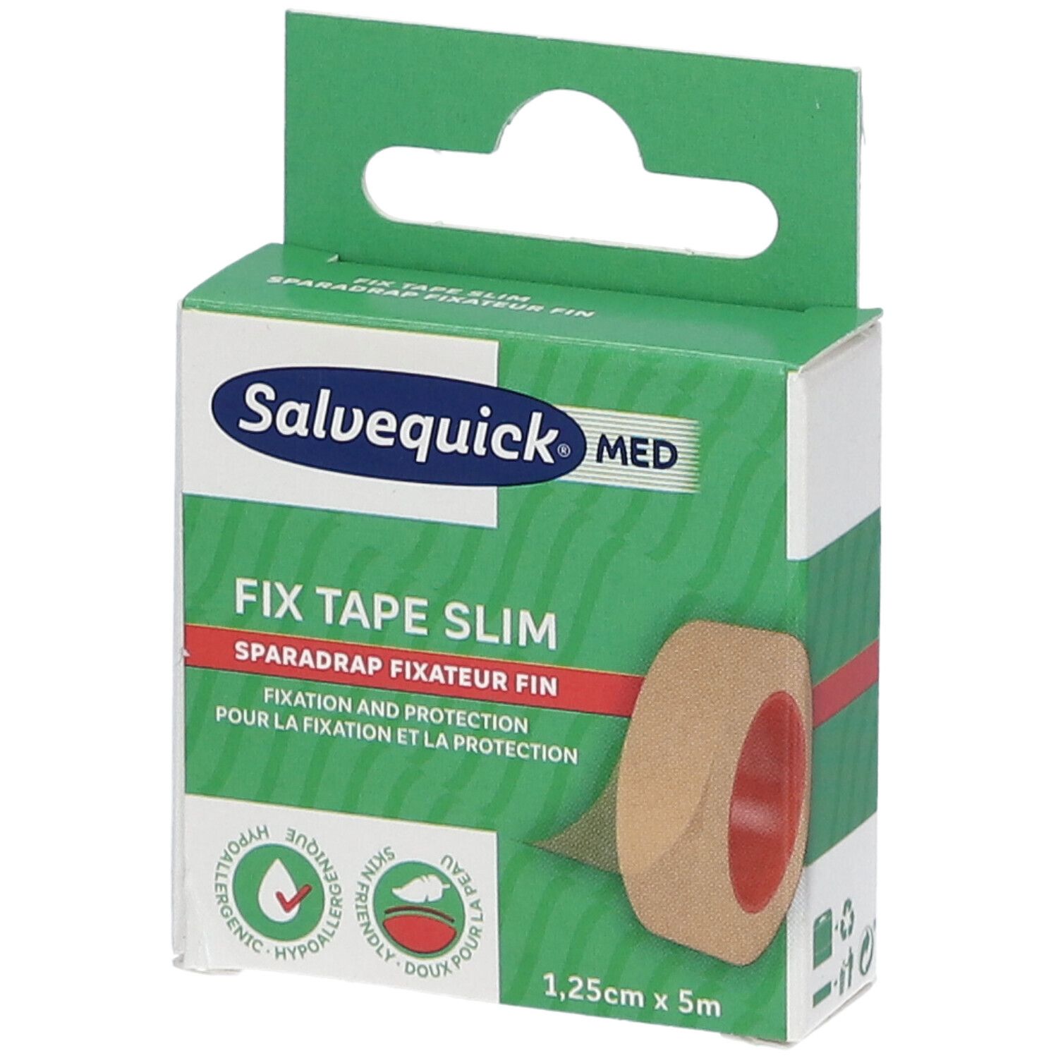 Salvequick MED Fix Tape Slim. Beige rol in groene verpakking. 1,25cm x 5m. Hypoallergeen.