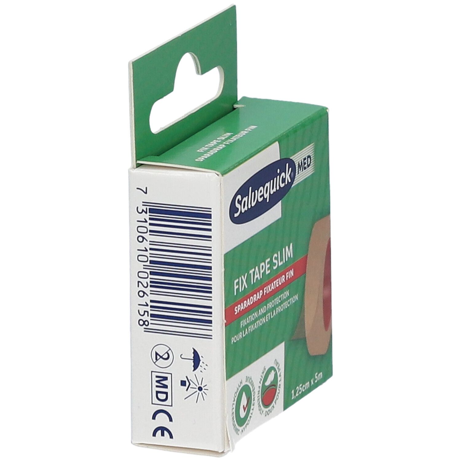 Verpakking Salvequick MED Fix Tape Slim. Groene doos met informatie en barcode. 1,25cm x 5m.