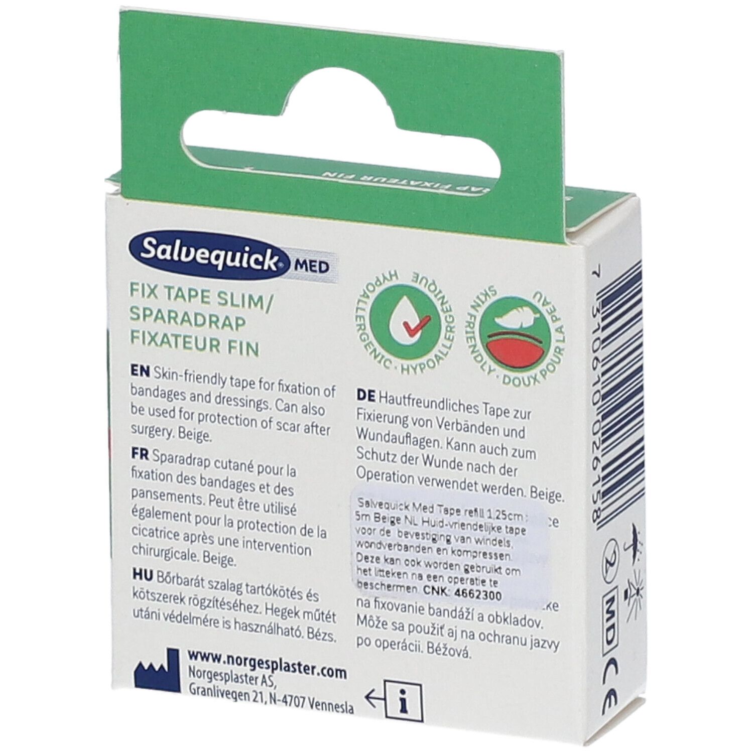 Achterkant van de Salvequick MED Fix Tape Slim verpakking. Meertalige beschrijving. 1,25cm x 5m.