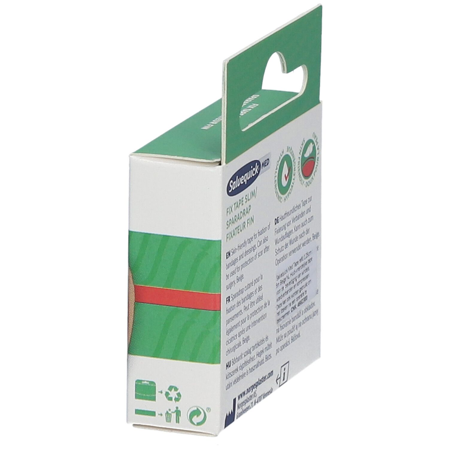 Salvequick MED Fix Tape Slim verpakking. Groene doos met informatie. 1,25cm x 5m.