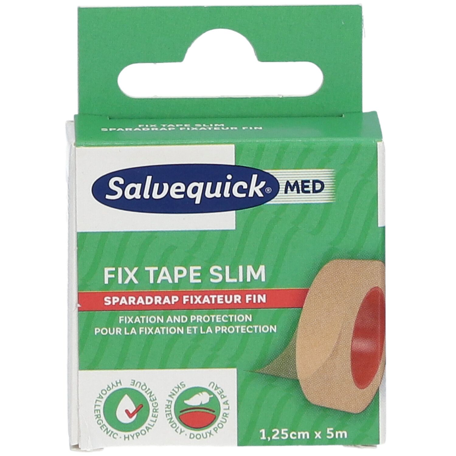 Salvequick MED Fix Tape Slim. Beige rol in groene verpakking. 1,25cm x 5m. Hypoallergeen.