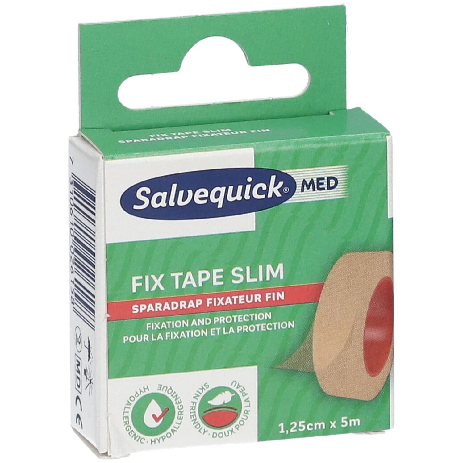 Salvequick MED Fix Tape Slim. Beige rol in groene verpakking. 1,25cm x 5m. Hypoallergeen.