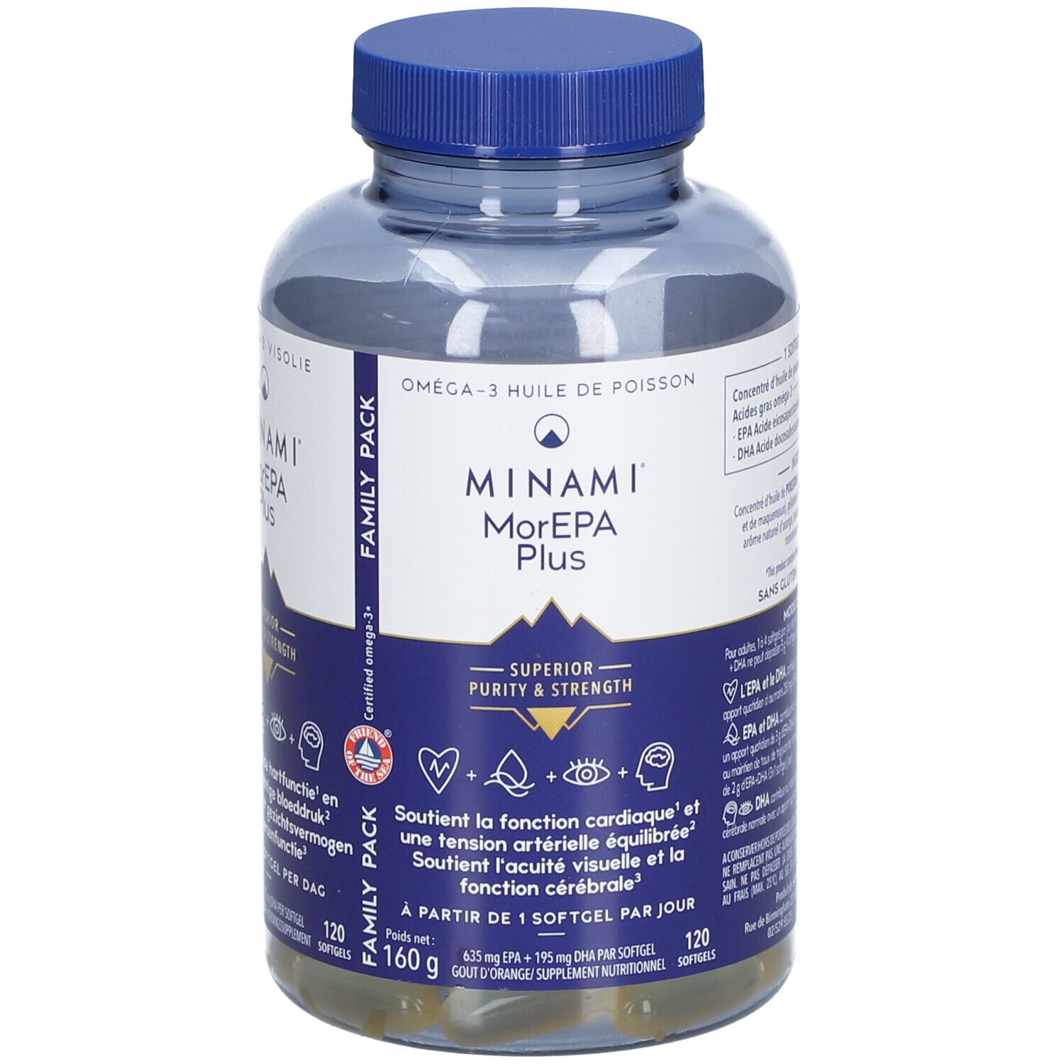 Flacon transparent avec bouchon bleu. Inscription: MINAMI MorEPA Plus. Contient 120 gélules. Format familial.