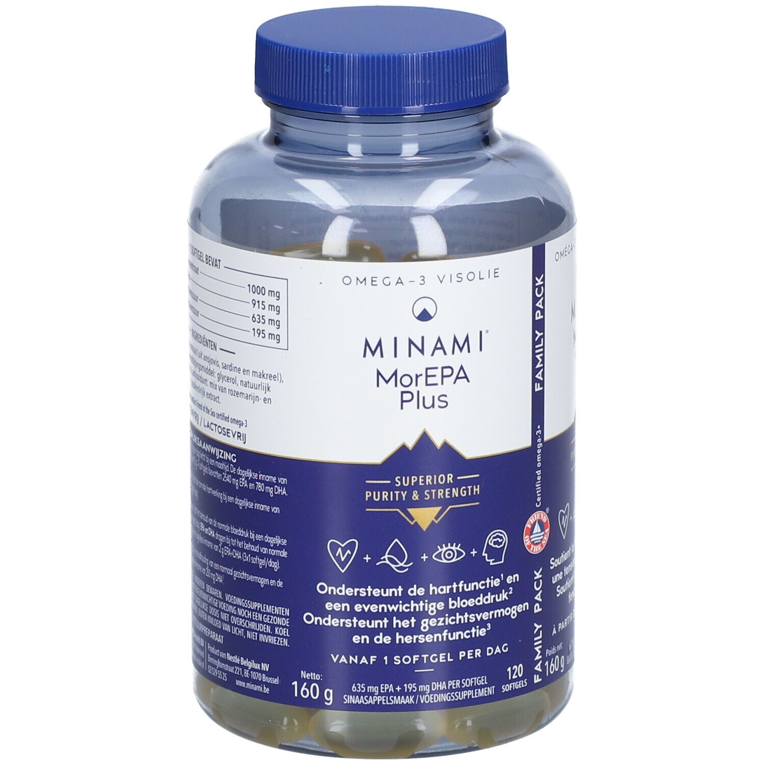 Flacon transparent avec bouchon bleu. Inscription: MINAMI MorEPA Plus. Contient 120 gélules. 160g.