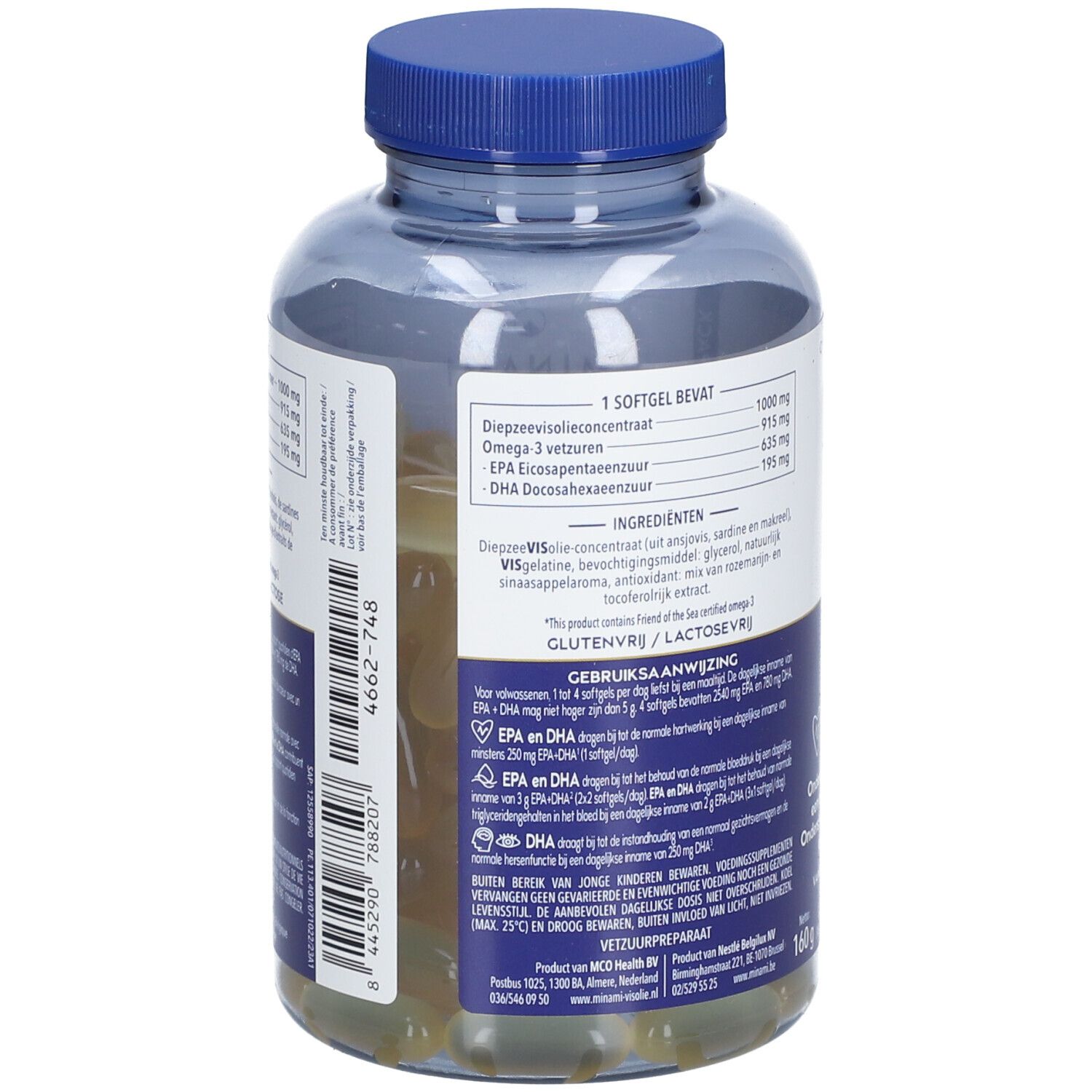 Dos d'un flacon transparent avec bouchon bleu. Contient 120 gélules. Liste des ingrédients et mode d'emploi.