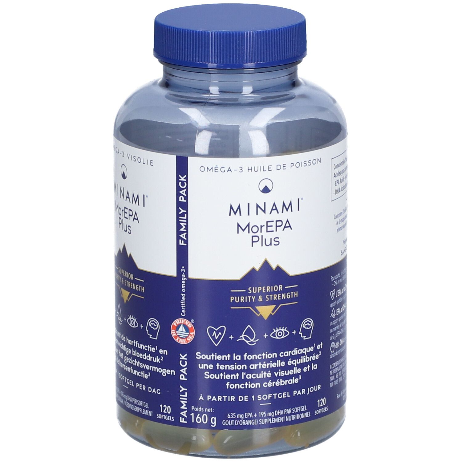 Flacon transparent avec bouchon bleu. Inscription: MINAMI MorEPA Plus. Contient 120 gélules. Format familial.