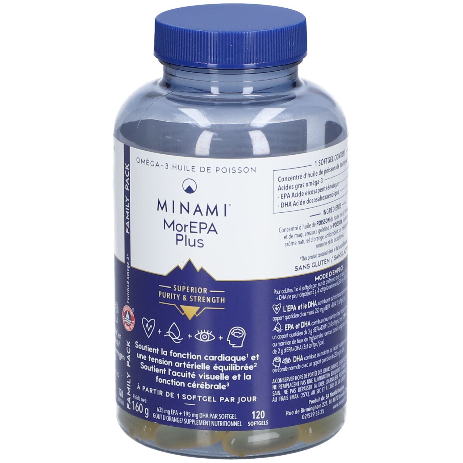 Flacon transparent avec bouchon bleu. Inscription: MINAMI MorEPA Plus. Contient 120 gélules. 160g.