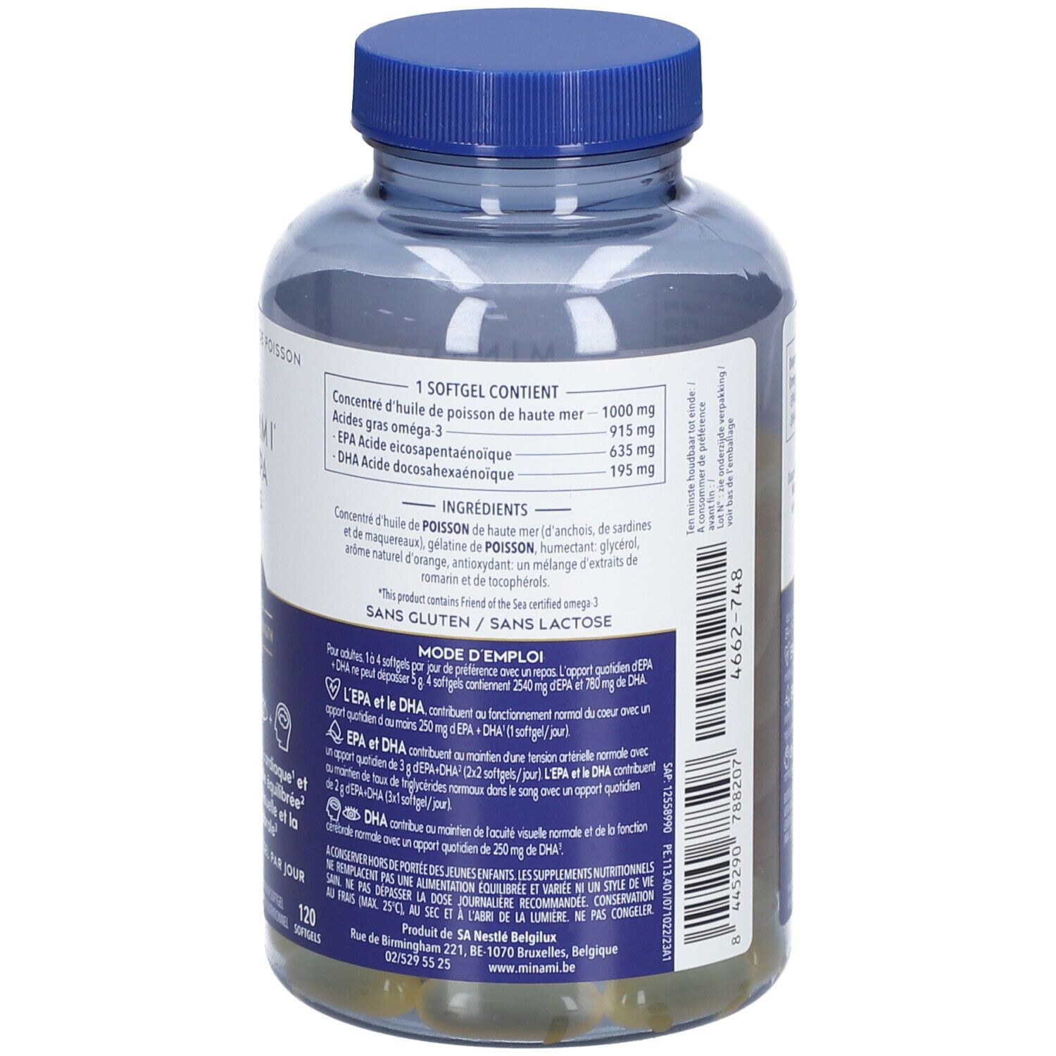 Dos d'un flacon transparent avec bouchon bleu. Contient 120 gélules. Liste des ingrédients et mode d'emploi.