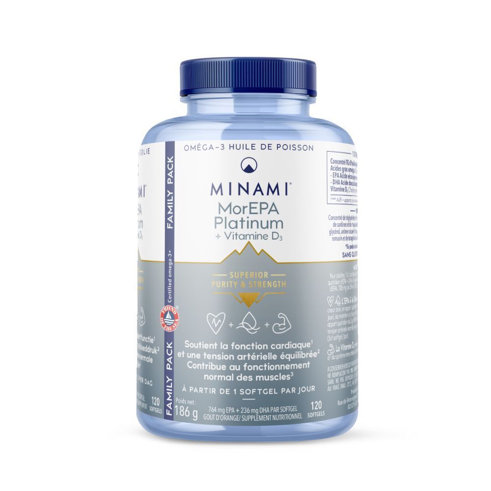 Flacon transparent de gélules. Inscription : Minami MorEpa Platinum + Vitamine D3. Bouchon bleu. Format familial.