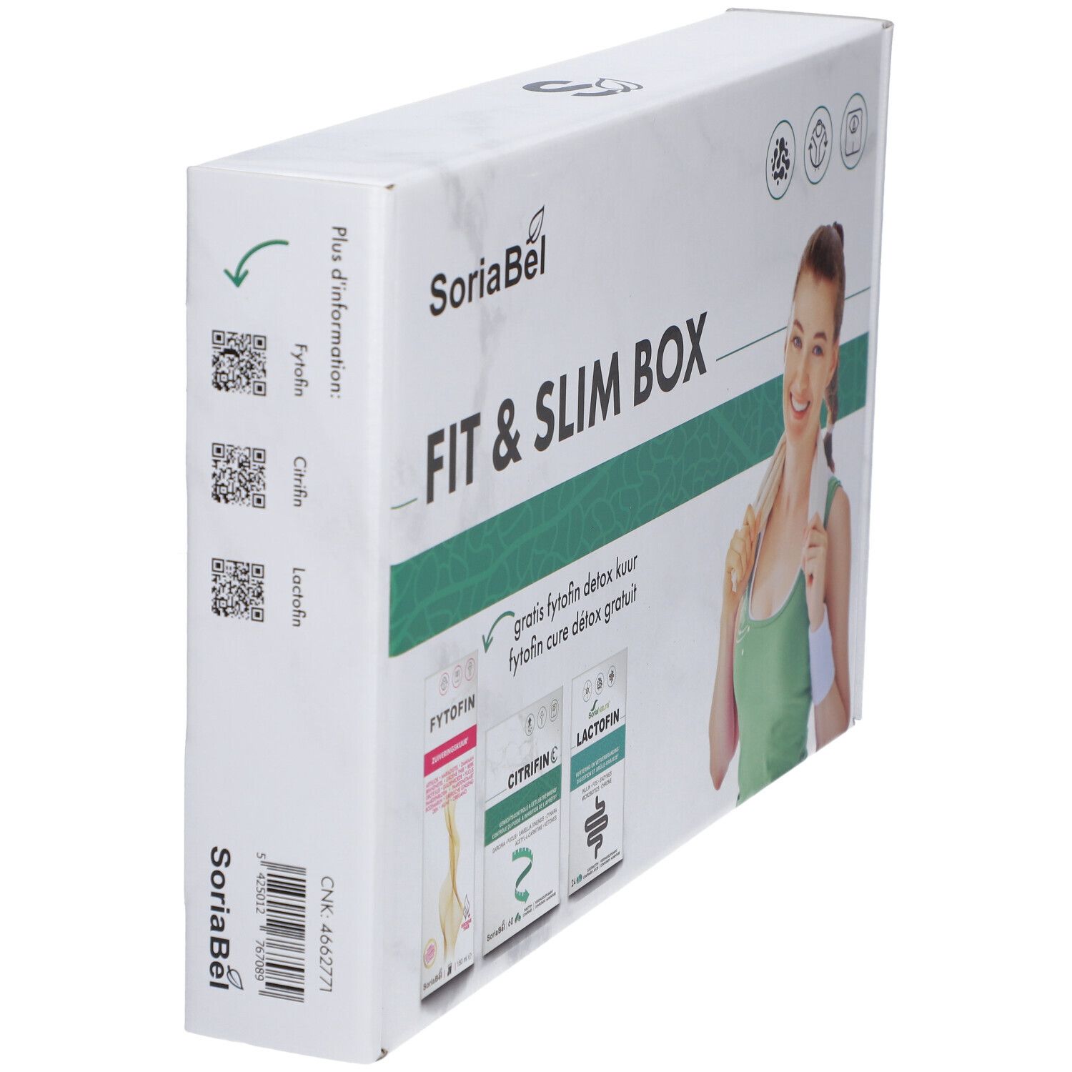 SoriaBel Fit & Slim Box, schuin van de zijkant. Bevat Fytofin, Citrifin C en Lactofin. QR-codes en logo.