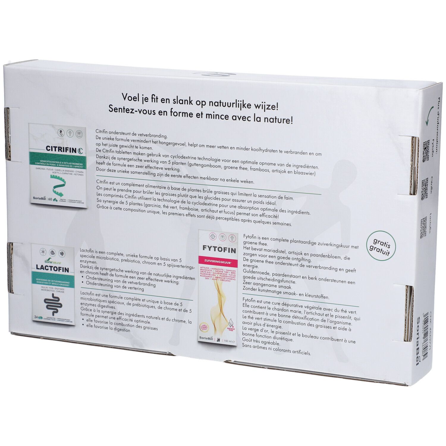 Achterkant van de SoriaBel Fit & Slim Box. Tekst in meerdere talen. Bevat informatie over Citrifin C, Fytofin en Lactofin.