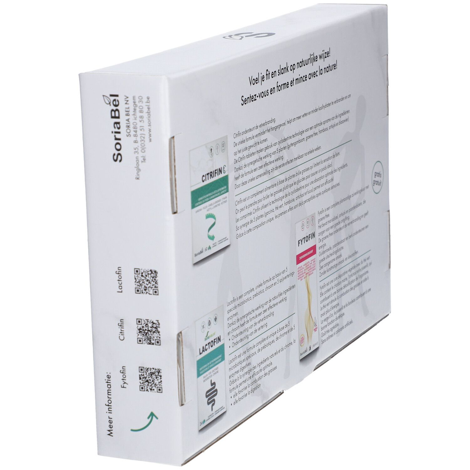 SoriaBel Fit & Slim Box, schuin van achteren. Tekst in meerdere talen. Bevat informatie over Citrifin C, Fytofin en Lactofin.