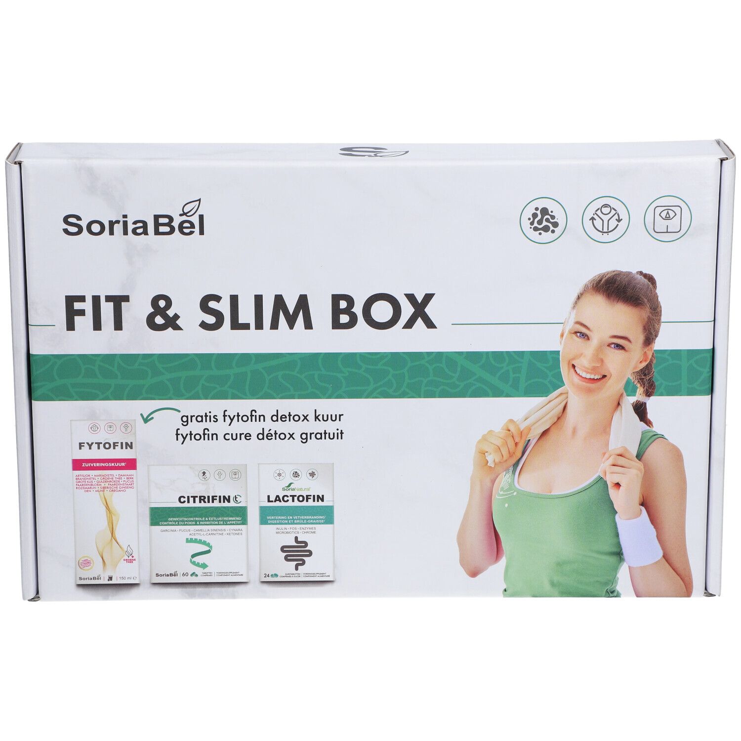 SoriaBel Fit & Slim Box. Witte doos met productafbeeldingen en een vrouw. Bevat Fytofin, Citrifin C en Lactofin.