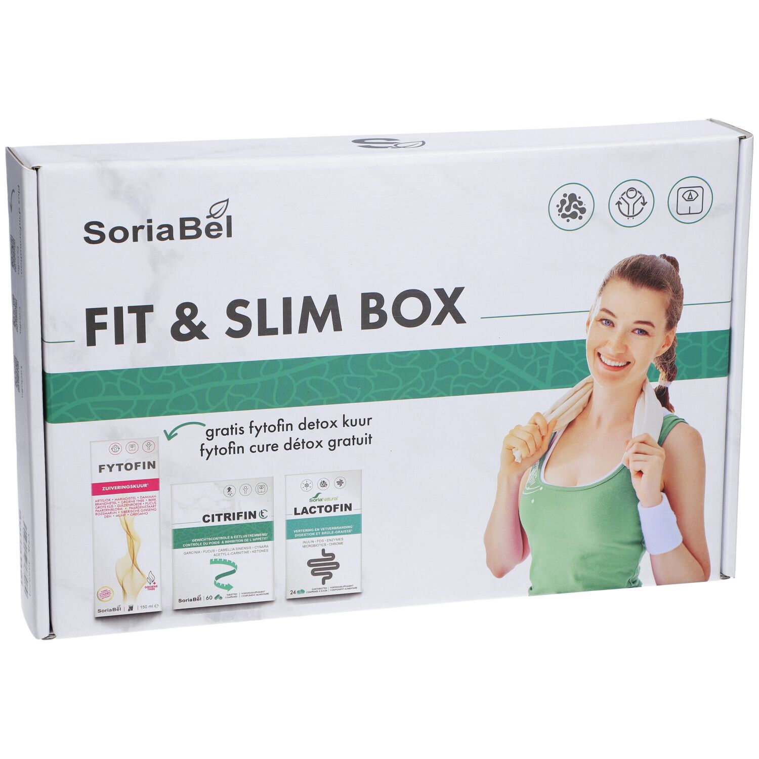 SoriaBel Fit & Slim Box. Witte doos met productafbeeldingen en een vrouw. Bevat Fytofin, Citrifin C en Lactofin.