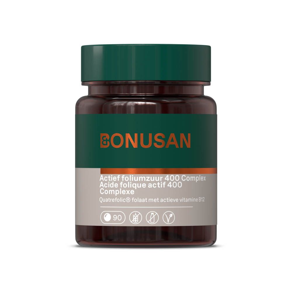 Bruine tablettenfles met groene dop. Bevat 90 tabletten. Merk BONUSAN.