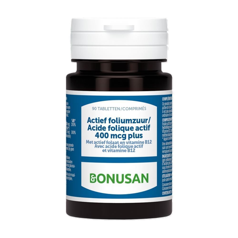 Dunkelbraune Tablettenflasche mit weißem Deckel. Blaues Etikett mit Produktnamen und Marke BONUSAN. Enthält 90 Tabletten.