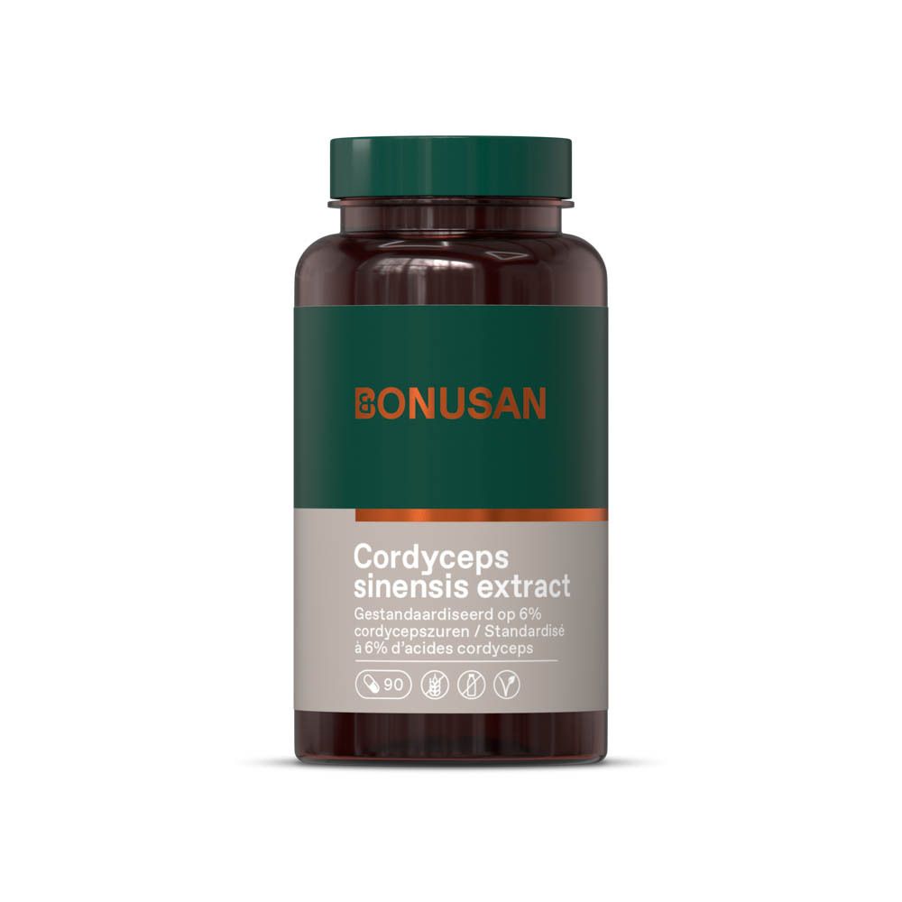 Bruine fles met groene dop. Opschrift: Cordyceps sinensis extract. Merk: Bonusan. 90 capsules.