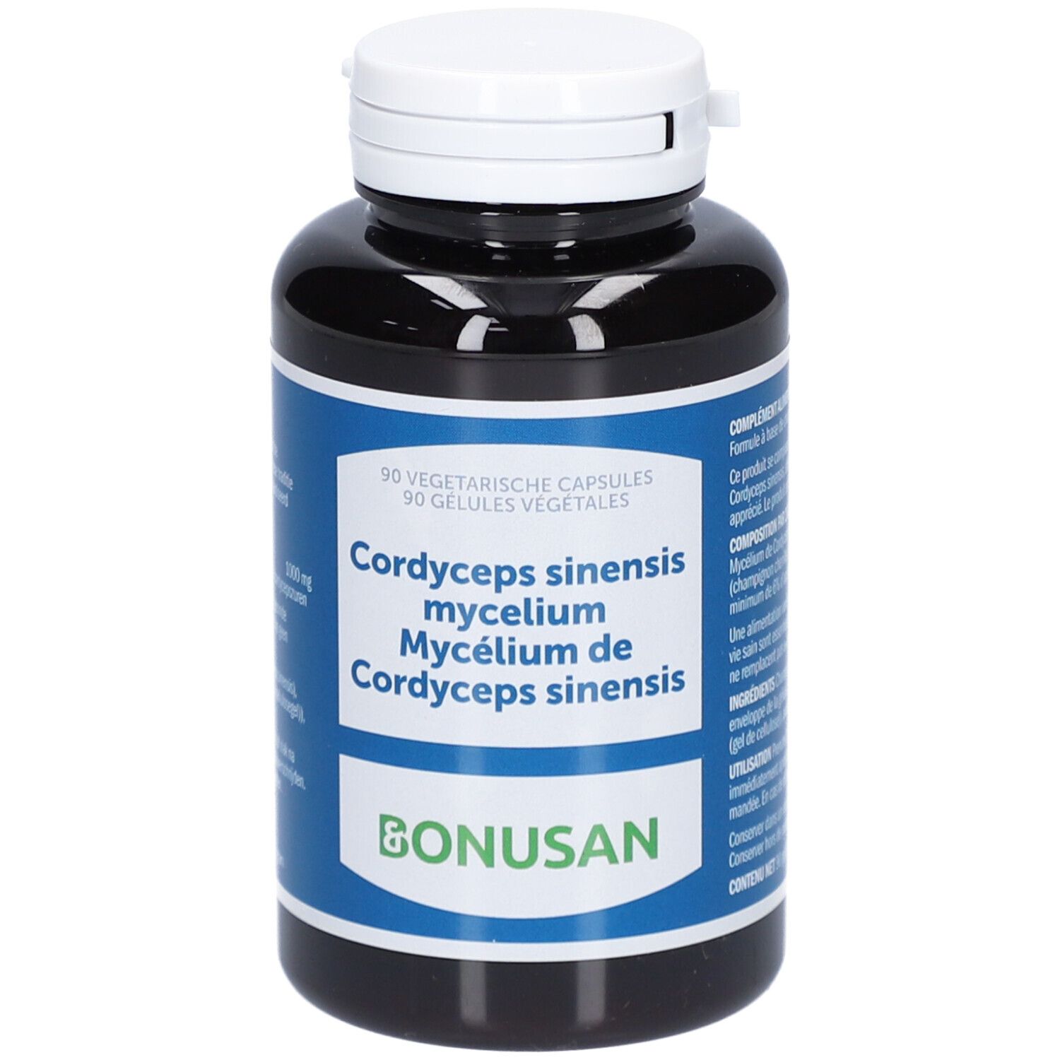 Zwarte fles met witte dop. Opschrift: Cordyceps sinensis mycelium. Merk: Bonusan. 90 capsules.