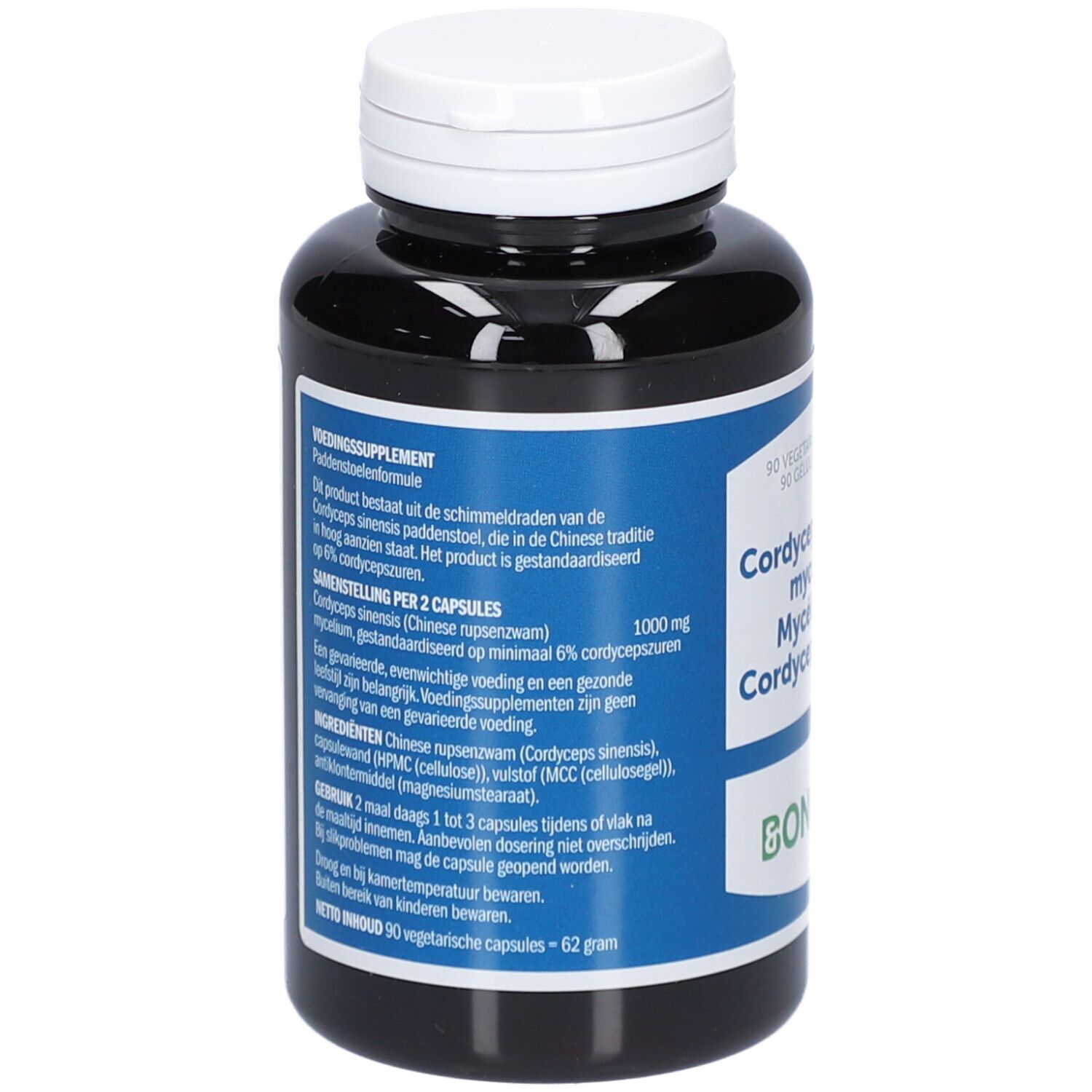 Zwarte fles met witte dop. Achterkant met productinformatie. 90 vegetarische capsules. Merk: Bonusan.