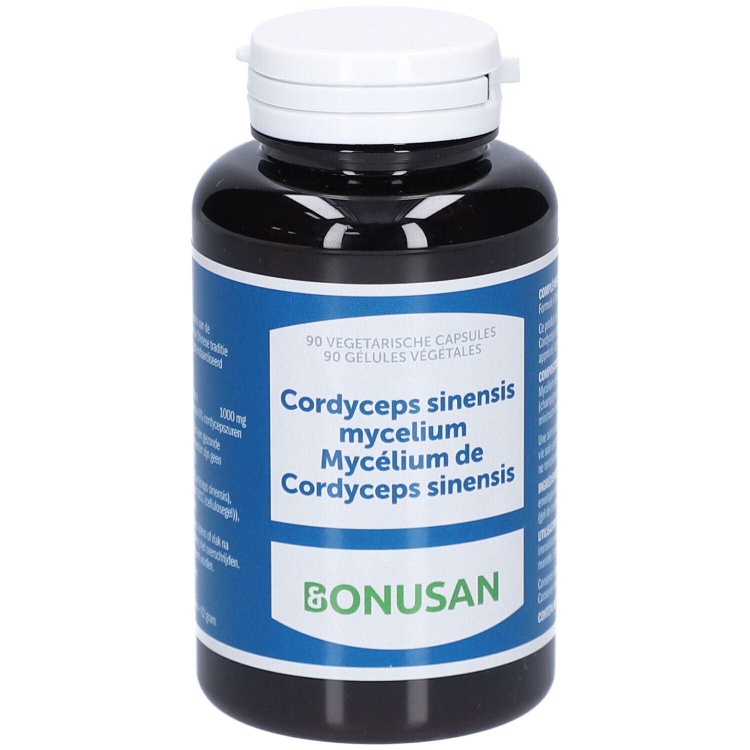 Zwarte fles met witte dop. Opschrift: Cordyceps sinensis mycelium. Merk: Bonusan. 90 capsules.