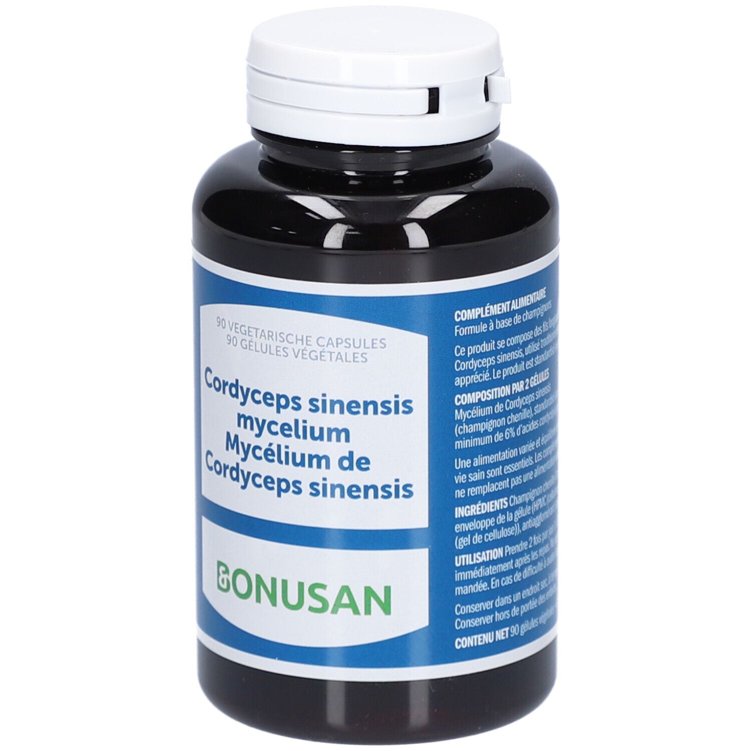 Zwarte fles met witte dop. Opschrift: Cordyceps sinensis mycelium. Merk: Bonusan. 90 capsules.