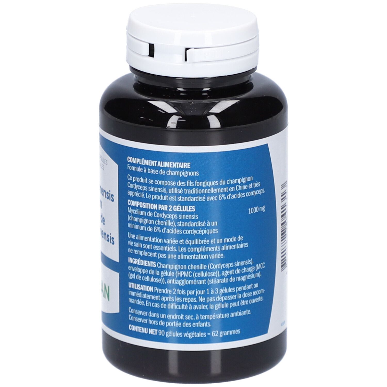 Zwarte fles met witte dop. Opschrift: Cordyceps sinensis mycelium. Merk: Bonusan. 90 capsules.