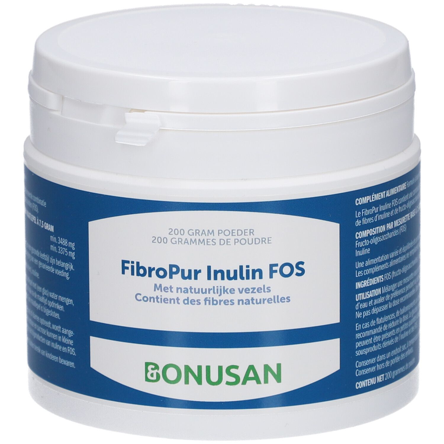 Weißes, rundes Supplement-Behälter mit blauem Etikett. Aufschrift: FibroPur Inulin FOS, Bonusan. 200g Pulver.