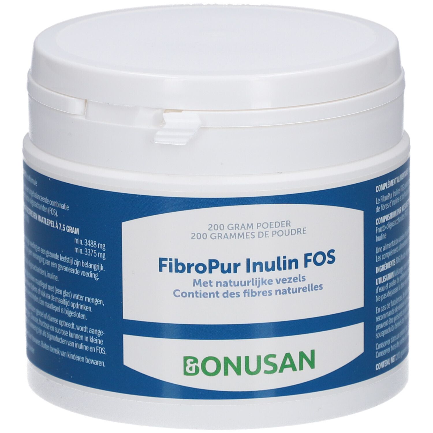 Weißer, runder Behälter mit blauem Etikett. Aufschrift: FibroPur Inulin FOS, Bonusan. 200g Pulver.