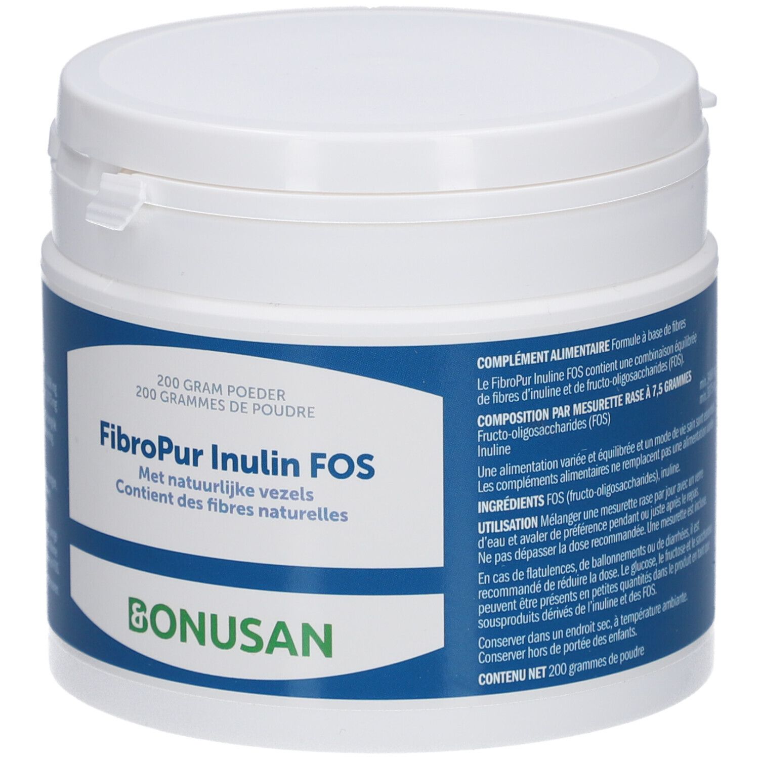 Weißer, runder Behälter mit blauem Etikett. Aufschrift: FibroPur Inulin FOS, Bonusan. 200g Pulver.