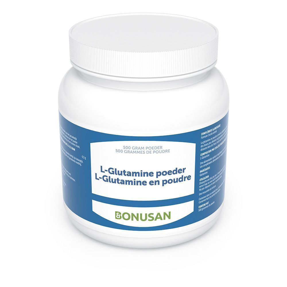 Weißes Pulver in Dose mit blauem Etikett. Aufschrift: L-Glutamin, Bonusan. 500g.